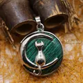 Collier avec pendentif chat sur croissant de lune et pierre de malachite verte, bijoux - Pendentif Malachite Uniquement (Sans Chaîne)