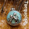 Colgante de turquesa de estilo étnico con dos gatos en acabado de plata - Forma de Gato Doble / Turquesa