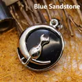 Collier avec pendentif chat et lune en argent et pierre de grès bleu étincelant - Gres Bleu (Pendentif Seul)