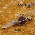 Natural amethyst and clear quartz Merkaba star pendulum pendant with silver chain - K9 / Amethyst