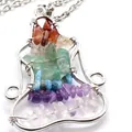 Chakra yoga meditation figure pendant necklace with colorful natural crystal chips in silver wire - With Necklace / Silver