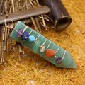 Handmade green aventurine wand pendant wrapped in copper with rainbow chakra stones. - Aventurine Jade