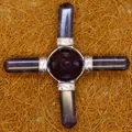 Natural amethyst crystal cross ritual healing tool with intricate silver metal accents - Amethyst