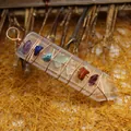 Clear hexagonal prism pendant with rainbow stones wrapped in copper wire jewelry - Synthetic White Glass