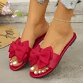 Elegant red flat sandals with large bow for women's summer casual wear - 36 / Red