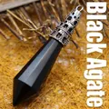 Pendentif colonne en agate noire facettée avec un capuchon en argent ciselé - Agate noire