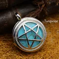 Vintage hollow pentagram necklace pendant featuring a blue turquoise stone in silver finish - Turquoise