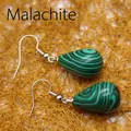 Natural teardrop malachite earrings with unique green banded patterns and hooks. - Malachite