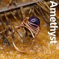 Anillo artesanal de hilo de oro rosa con cuenta de ágata púrpura de estilo bohemio - Talla única / Amatista
