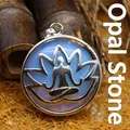 Ethnic lotus yoga meditation necklace pendant featuring light blue opalite stone - Opal