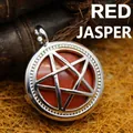 Retro silver hollow pentagram locket pendant with natural red jasper stone inlay - Red Jasper