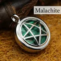 Round hollow pentagram pendant necklace with malachite stone inlay - Malachite