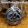 Vintage snowflake obsidian pendant necklace with silver Om symbol hollow engraving - Snowflake Obsidian