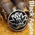 Handcrafted ethnic style black agate pendant necklace with lotus meditation design - Black Agate