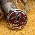 Vintage ethnic style silver-tone OM symbol pendant with red agate stone inlay - Red Agate