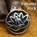 Ethnic style silver lotus flower meditation pendant necklace with black volcanic lava stone - Lava Stone