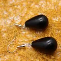 Black obsidian teardrop dangle earrings with silver-tone hooks - Obsidian