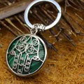 Ethnic style Hamsa hand pendant keychain with green malachite stone inlay for accessories - Malachite