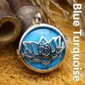 Oriental style silver lotus flower pendant necklace with blue turquoise stone inlay - Blue Turquoise