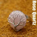 Handmade rose quartz ring with wire-wrapped tree of life design in silver finish - Adjustable Open / Rose Quartz