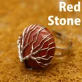 Handmade silver wire-wrapped Tree of Life ring featuring a round red jasper stone - Adjustable Open / Red Jasper