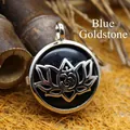Exquisite lotus flower locket pendant necklace featuring dark blue sandstone inlay - Blue Sandstone