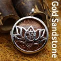 Vintage lotus gold sandstone pendant necklace with silver-tone Om symbol detail - Gold Sandstone