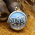 Vintage silver lotus locket pendant necklace with translucent opalite stone inlay - Opal