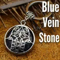 Ethnic Hamsa Hand keychain with round blue sodalite stone pendant in vintage silver - Blue Sodalite