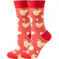 Detailansicht roter Wadenstrümpfe mit niedlichen Zeichentrick-Huhn- und Ei-Mustern - Einheitsgröße / Lustiger Hühnerstil / Light Red Hen