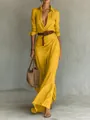 Elegant yellow long sleeve maxi dress with pleated wrap design and brown belt detail - S / Dresses / Lemon Yellow