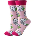 Süße rosa Crew-Socken mit weißen Cartoon-Elefantenmustern und kleinen gelben Sternen - Einheitsgröße / Cartoon-Elefanten-Stil / Rosa Elefant