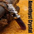 Ethnic style hexagonal amethyst crystal point pendant with silver dragon wrap design - Amethyst
