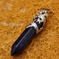 Ethnic style hexagonal blue sandstone pendant featuring a silver dragon wrap design - Blue Sandstone