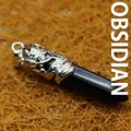Ethnic style silver dragon-wrapped black obsidian hexagonal crystal point pendant for jewelry - Obsidian