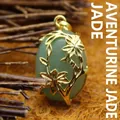 Retro ethnic style green aventurine jade pendant with hollow gold floral pattern - Floral Hollow Style (aljylp494) / 28x20mm / Aventurine Jade