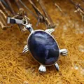 Elegante collar con colgante de tortuga en piedra de veta azul y acabado plateado - Sodalita azul