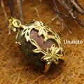 Ethnic style unakite gemstone pendant with gold leaf filigree overlay decoration - Floral Hollow Style (aljylp494) / 28x20mm / Unakite