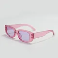 Close-up of trendy pink rectangular sunglasses with purple lenses and transparent frames - Pink Frame Light Blue Lens