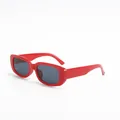 Detailed side view of trendy small square sunglasses with red frames and dark lenses. - Red Frame Grey Lens