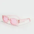 Close-up of trendy square sunglasses with pink translucent frame and lenses for street style. - Pink Frame Pink Lens