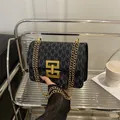 Vintage black monogram printed small square crossbody bag with gold chain strap for women - Black