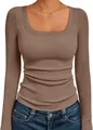 Elegante bruine dames top met lange mouwen, vierkante hals, geribbelde gebreide pasvorm - Khaki