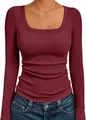 Elegante bordeauxrode geribbelde top met vierkante hals lange mouwen slim fit voor dames - Bordeauxrood