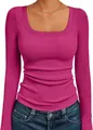 Trendy magenta slim fit top met lange mouwen en vierkante hals in geribde gebreide stof dames - Rozerood