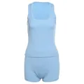 Set casual due pezzi con canotta a coste azzurro chiaro e pantaloncini a vita alta - Blu