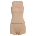 Completo canotta e pantaloncini a costine beige aderenti da donna moda casual primavera - Kaki