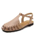 French vintage hollow-out closed-toe Roman sandals with T-strap and buckle - 36 / Apricot