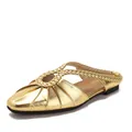 Metallic gold flat slingback sandals with woven straps, pleated square toe design. - 36 / Gold