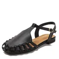 French vintage black closed-toe hollow breathable sandals for women with T-strap design - 36 / Black